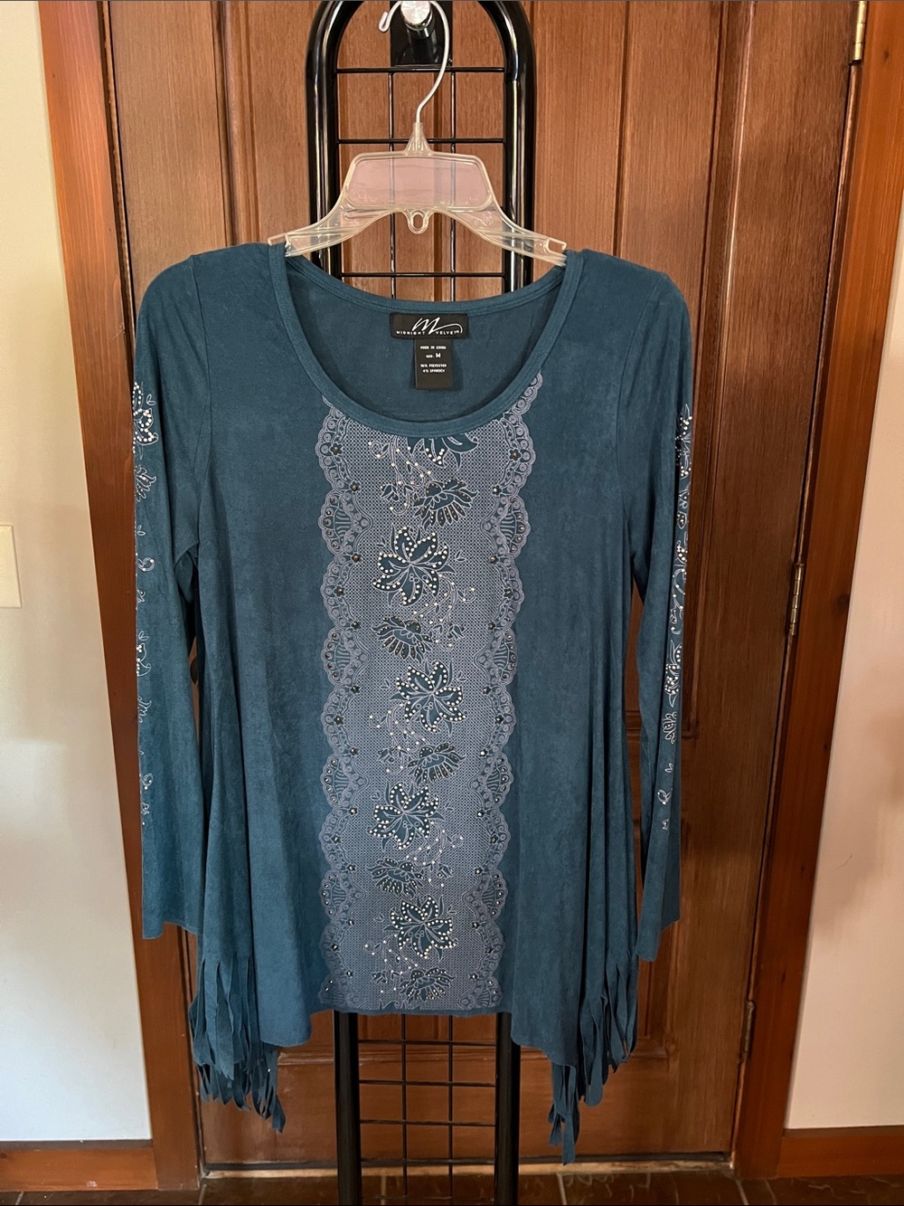 Midnight Velvet Teal Lace-Panel Long Sleeve Top